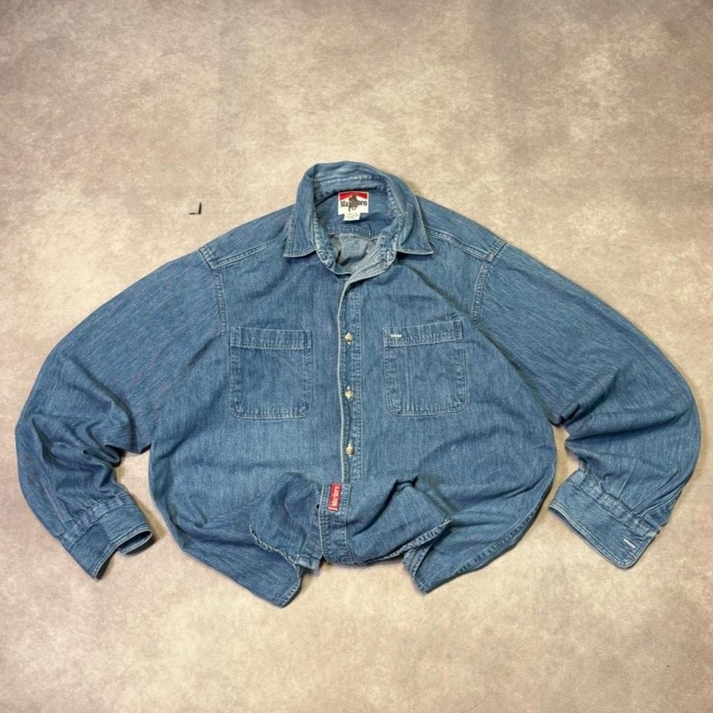 Vintage 90s Marlboro Cigarettes Denim Canvas Button Up Shirt Blue Mens L USA